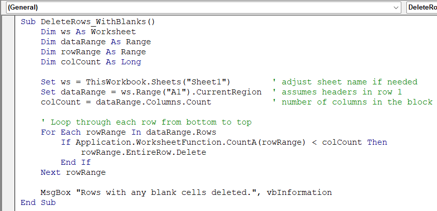 Clean Rows That Contain Any Blank Cells with VBA