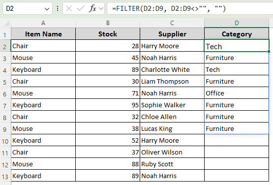 Extract Data from Non-Blank Cells with the FILTER Function