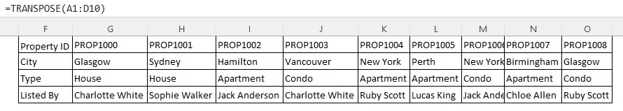 Using the TRANSPOSE Function to Flip Table Rows and Columns