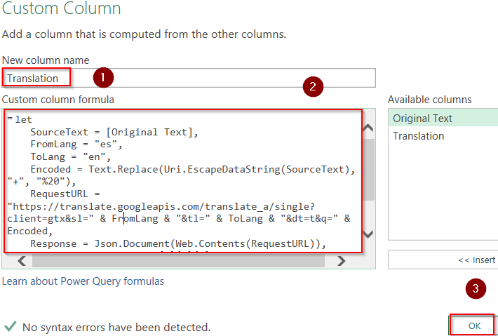 Use Power Query to Convert Text with Google API
