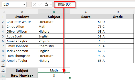 Using the ROW Function to Return Row Number for a Specific Cell