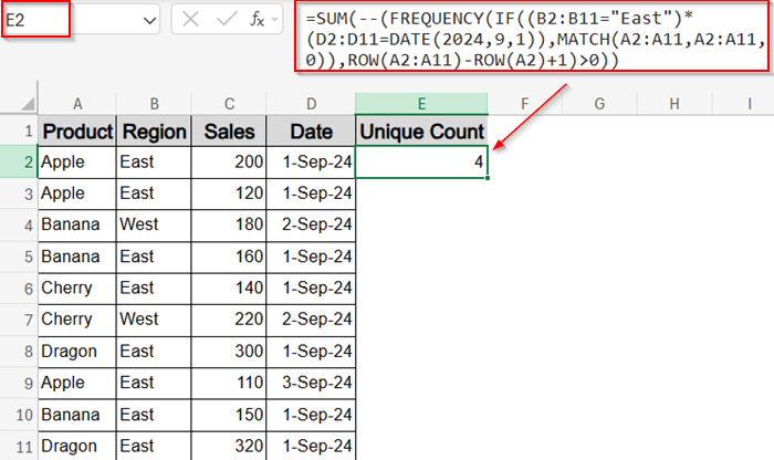 Combine FREQUENCY with MATCH to Count Unique Values