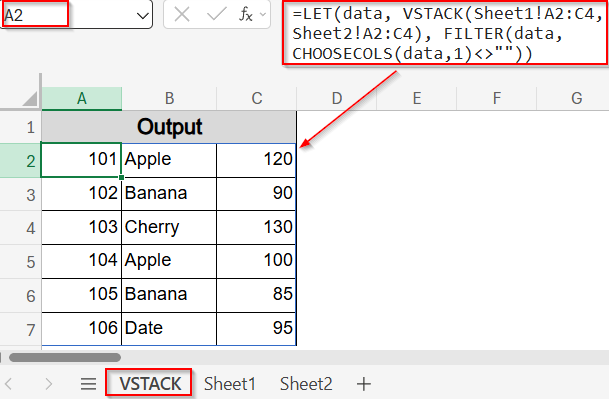 Combine Identical Sheets Vertically with VSTACK and FILTER Functions