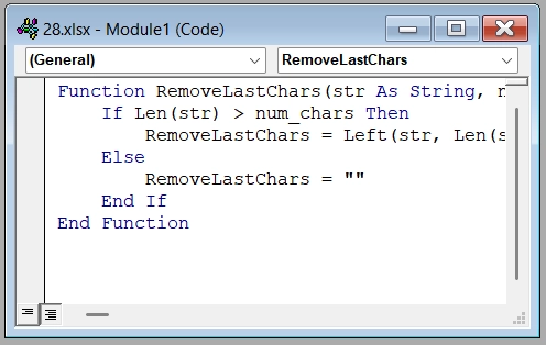 Create a User-Defined Function (UDF) with VBA To Remove Last Three Characters
