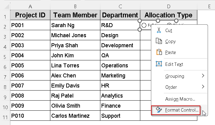 Insert a Radio Button in Excel