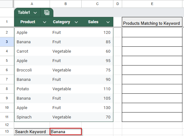 Extract Matching Values Using ARRAYFORMULA Function