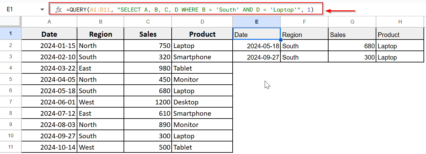 Google Sheets Query Using AND Operator