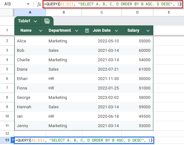 Sort Rows by Multiple Columns Using QUERY ORDER BY