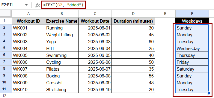 Using the TEXT Function to Extract Weekday Name