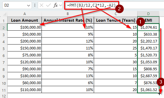 Using PMT to Calculate EMI in Excel