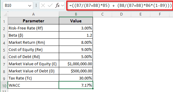 Calculating WACC in Excel with a Regular Formula