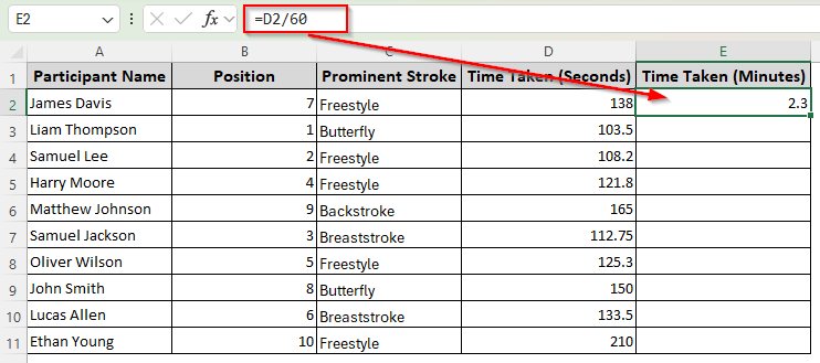 Basic Division Formula to Convert Seconds into Decimal Minutes