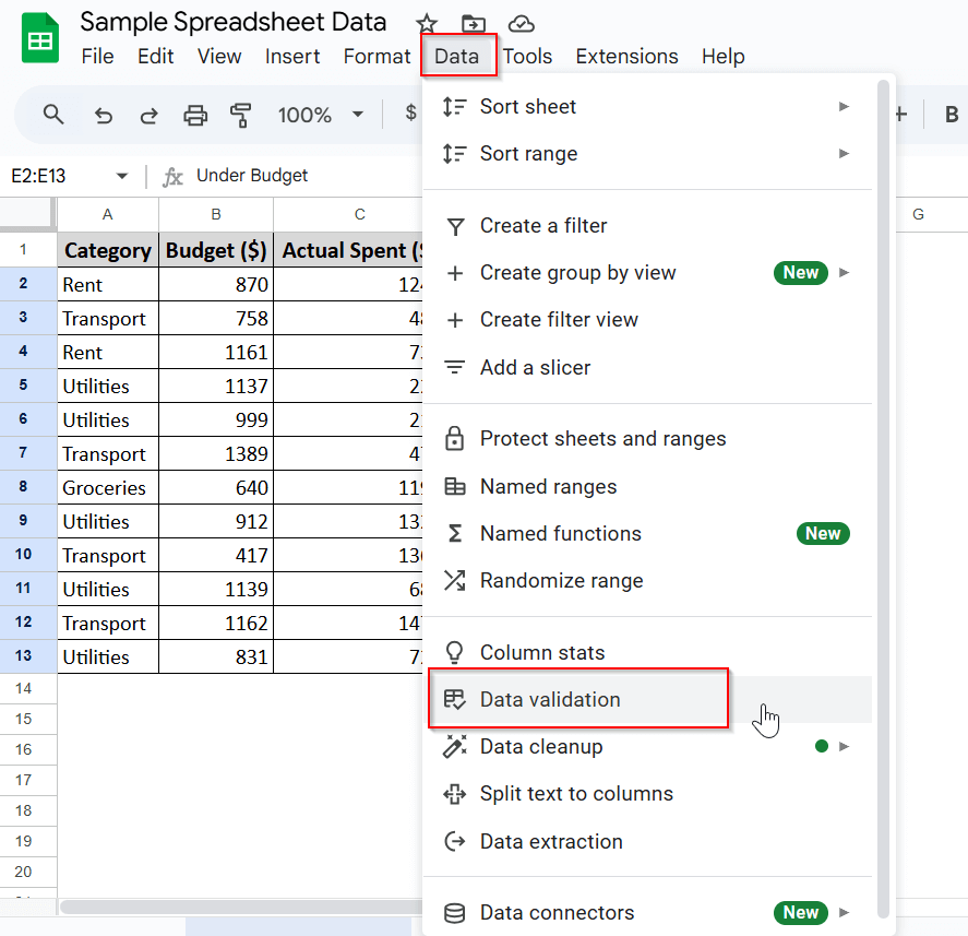 Editing the Drop-down List in Data Validation