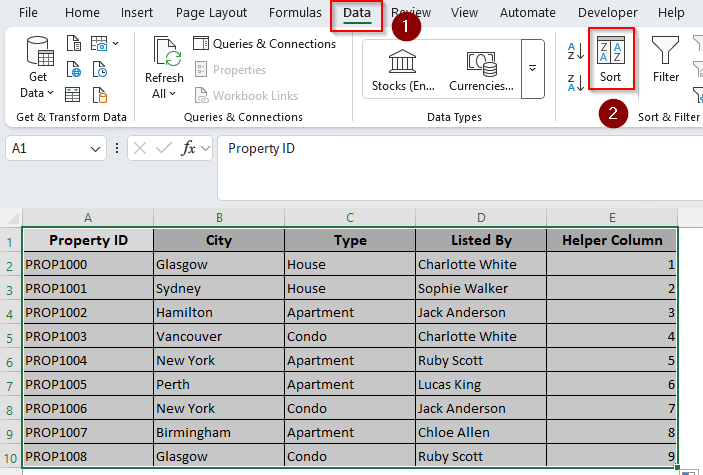 Flipping Table Data Order Vertically (By Columns) by Sorting a Helper Column