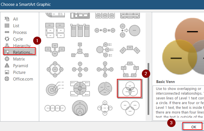 Insert a Venn Diagram Using SmartArt Feature