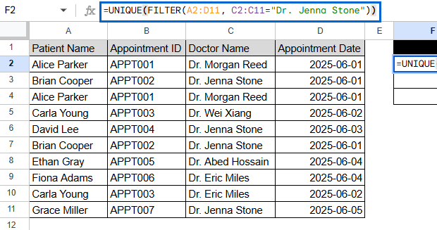 Applying UNIQUE with FILTER to Remove Duplicates Based on Criteria