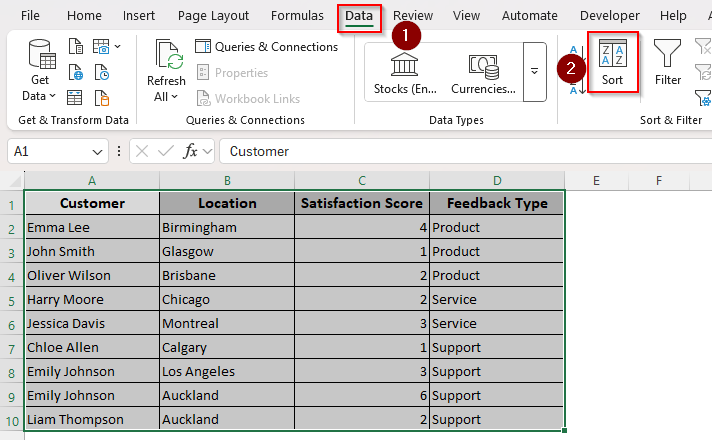 Manually Sort Source Data and Add a Drop-Down