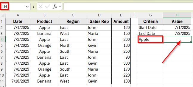 Use SUMIFS to Calculate Total Between Two Dates for One Product
