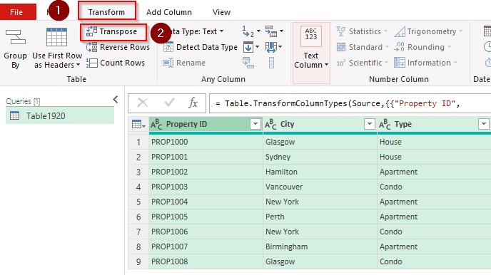 Transpose Table with the Power Query Tool