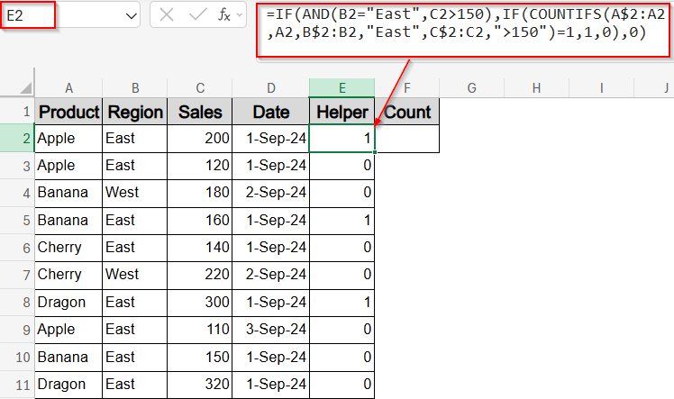 Use a Helper Column and COUNTIFS Function