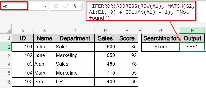 Return Cell Address of a Match Using ADDRESS, ROW, COLUMN, and MATCH Functions