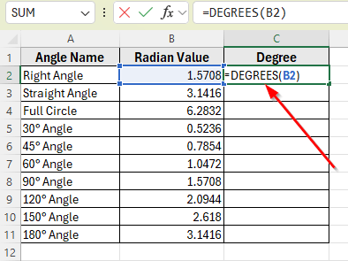 Using the DEGREES Function to Instantly Convert Radians