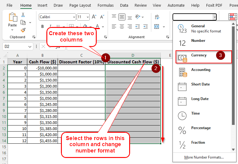 Calculating Yearly Discounted Cash Flow