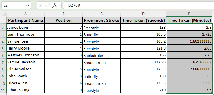 Basic Division Formula to Convert Seconds into Decimal Minutes