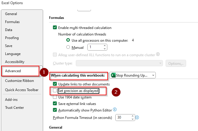 Remove the Set Precision As Displayed Setting to Avoid Decimal Roundup