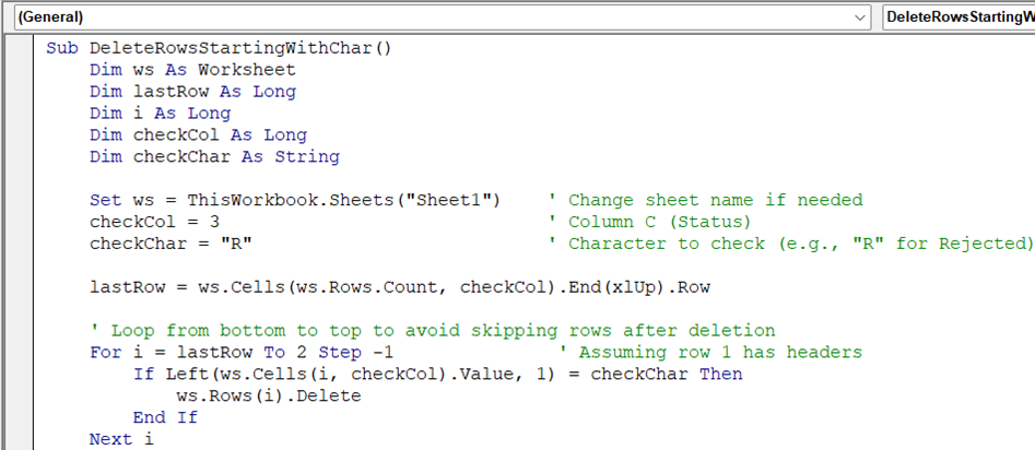 Delete Rows Containing Cells Starting with a Particular Character