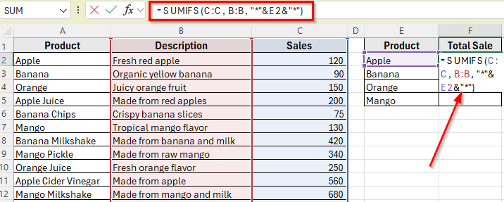 Using SUMIFS Function with Wildcards to Match Text from Another Cell