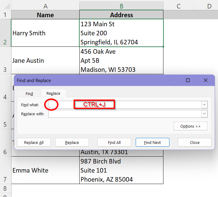 Use Find and Replace Tool to Remove Line Breaks in Excel