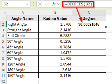 Using the DEGREES Function to Instantly Convert Radians