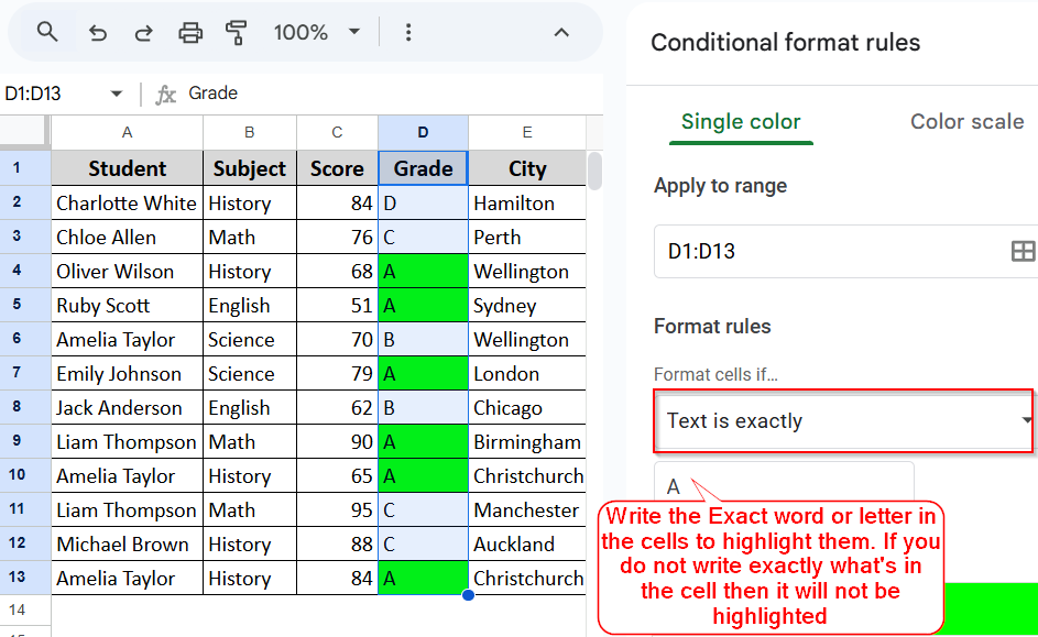 Applying Exact Match of the Text in the Condition