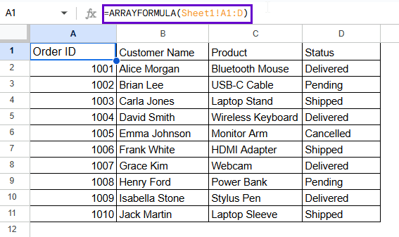 Using ARRAYFORMULA to Automatically Expand Copied Data