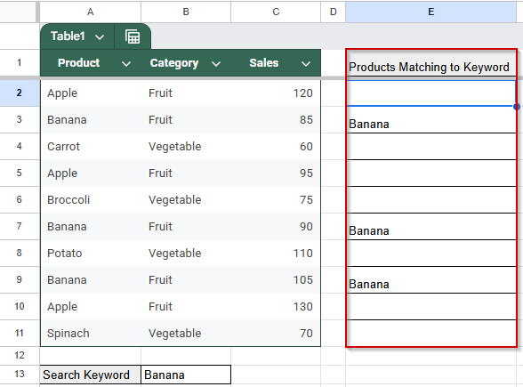 Extract Matching Values Using ARRAYFORMULA Function