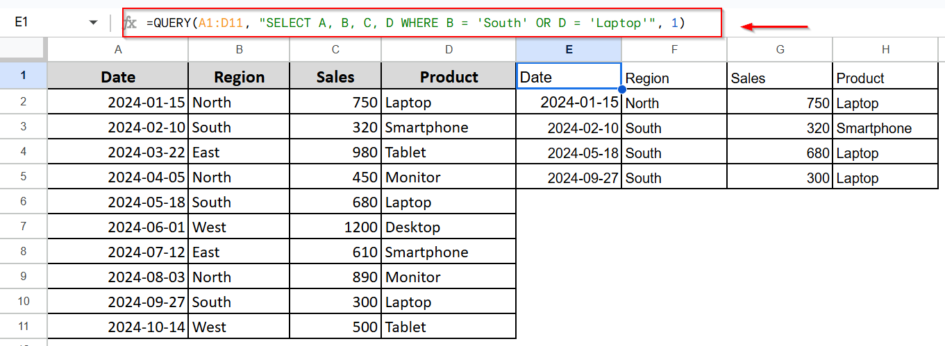 Google Sheets Query Using OR Operator