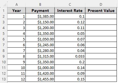 Determining Present Value with Variable Rate of Return Using PV