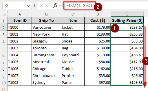 Calculating Selling Price from Cost and Margin