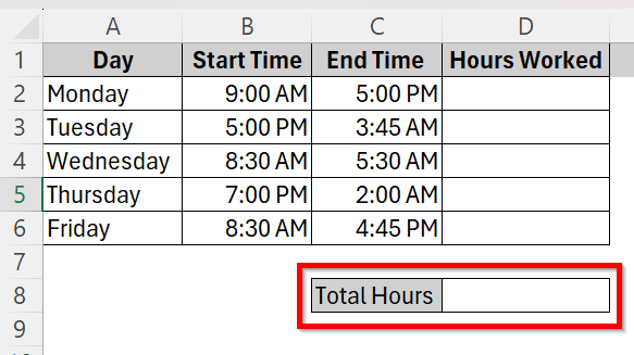Calculate Total Hours Using MOD Function and Time Difference formula