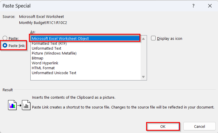 Link Excel to Word Using “Paste Special”