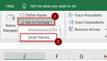 Application of Formulas Tab to Paste Range Names in Excel