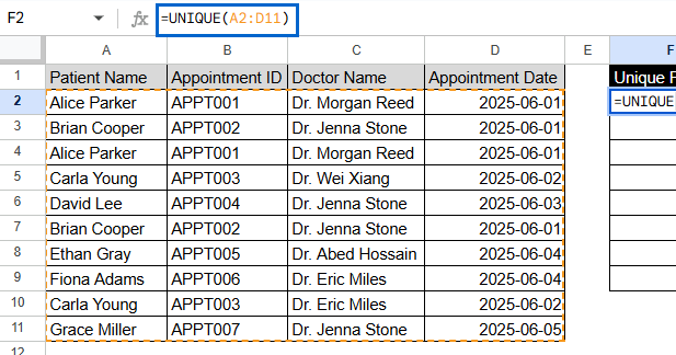 Operating UNIQUE Across Multiple Columns to Remove Entire Duplicate Rows