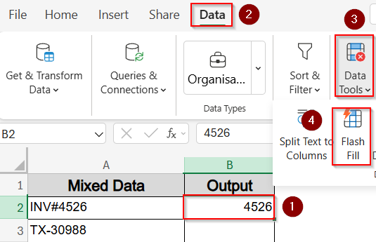 Extract Numbers Using Flash Fill (Excel 2013+)