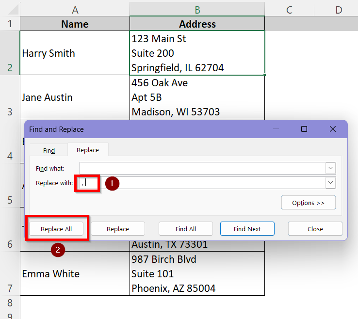 Use Find and Replace Tool to Remove Line Breaks in Excel