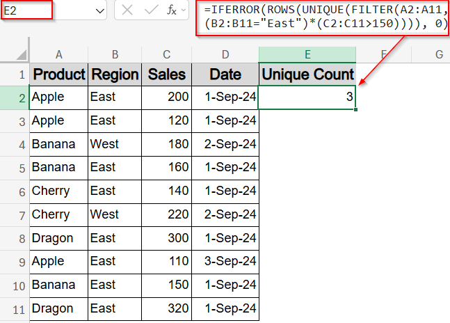 Count Unique Values Adding IFERROR and ROWS function