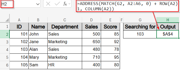 Get Cell Address of a Match Using ADDRESS and MATCH Functions