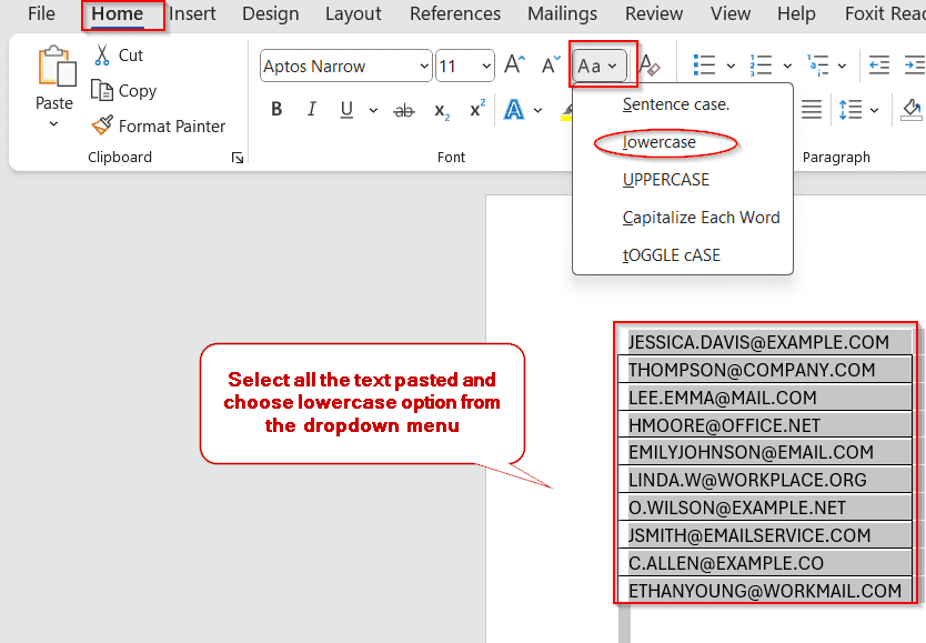 Apply Lowercase Using Microsoft Word