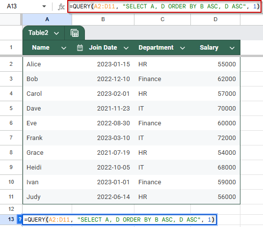 Sort Specific Columns: Join Date and Salary