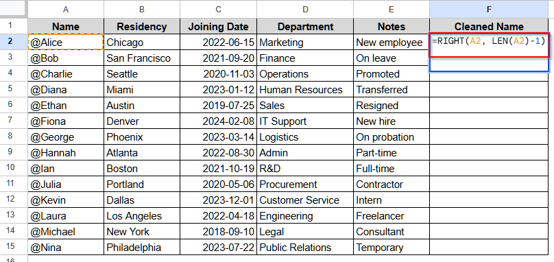 Delete the First Character in Google Sheets Combining the RIGHT and LEN Functions